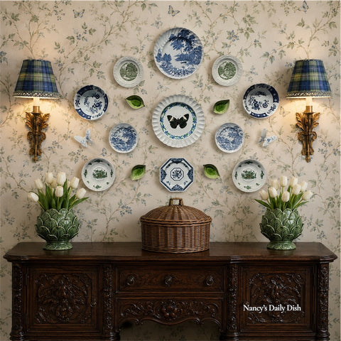 17 Piece Majolica Blue & Green Transferware Instant Platewall Vintage English Plates