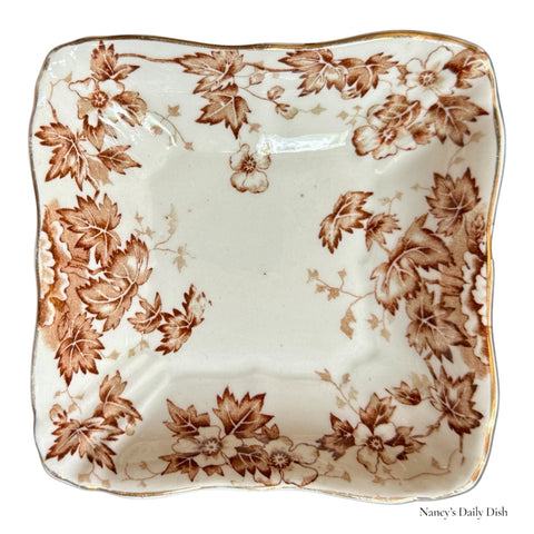 Antique Brown Transferware Square Whispy Floral Trinket Dish / Candy Bowl Maddock