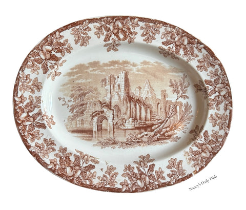 1880 Copeland Spode Brown Transferware Platter Oak Leaves Acorns Castle Ruins