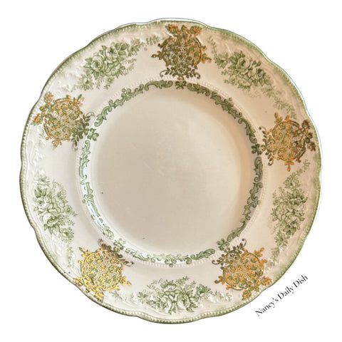 Rare Antique Green Transferware Gilt Embellished Plate