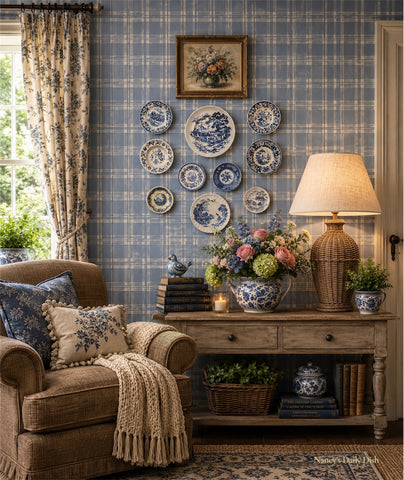 10 Piece Instant Platewall Display - Collection - Blue & White English Transferware Plates Pastoral & Florals