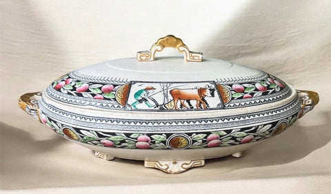 Antique Aesthetic Movement Black Ploychome Transferware Pastoral & Fruit Covered Tureen