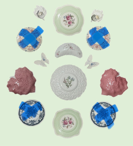 RESERVED For Samantha 10 Piece Majolica Pink & Green Transferware Instant Platewall Vintage English Plates