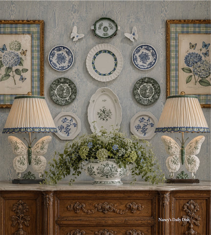 11 Piece Blue & Green Transferware Instant Platewall  w/ Butterflies Plate & Platter Collection