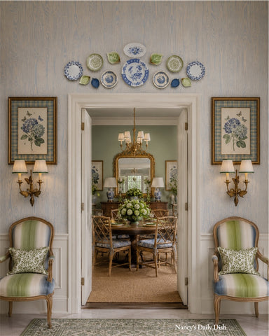 14 Piece Vintage Blue & Green Transferware Instant Platewall  w/ Majolica Leaves Plate Collection