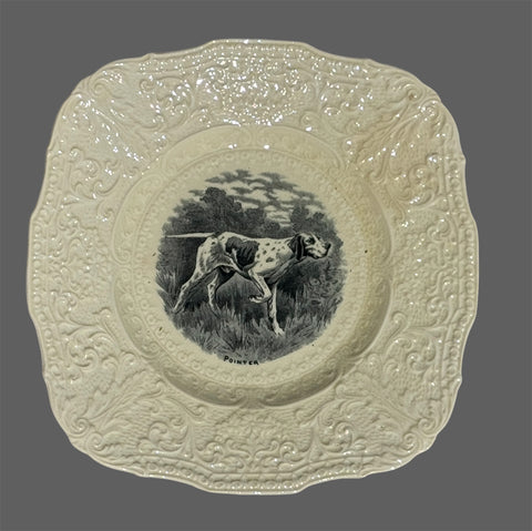 Antique Square Black Transferware Pointer Dog Plate Scrolled Relief Border