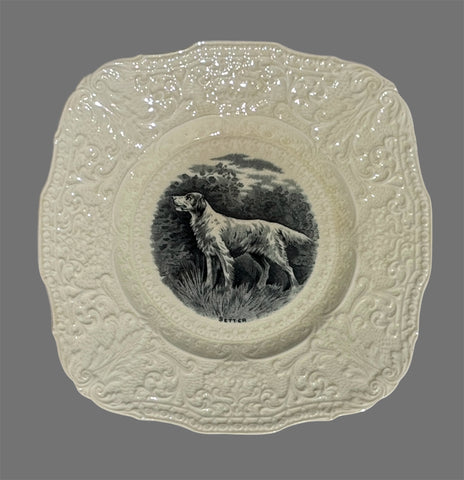 Antique Square Black Transferware SETTER Dog Plate Scrolled Relief Border