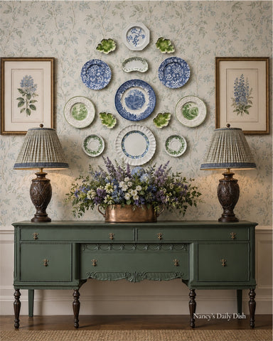 14 Piece Majolica Blue & Green Transferware Instant Platewall