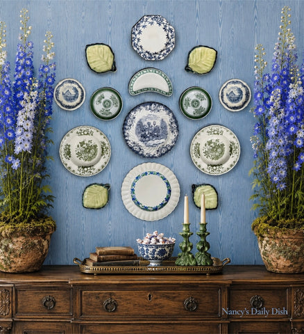 14 Piece Majolica Blue & Green Transferware Instant Platewall
