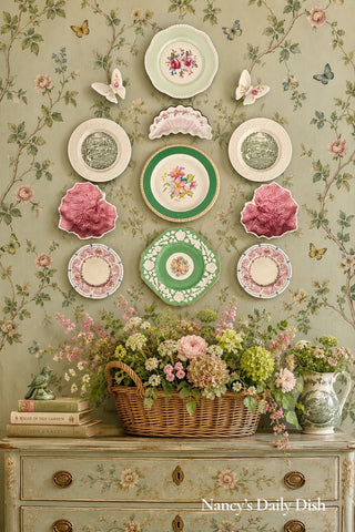 12 Piece Majolica Pink & Green Transferware Instant Platewall Vintage English Plates Butterflies