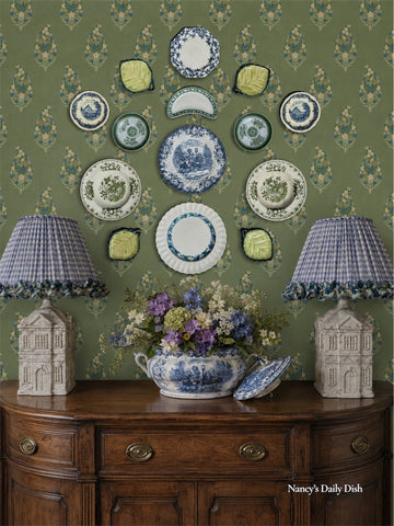 14 Piece Majolica Blue & Green Transferware Instant Platewall
