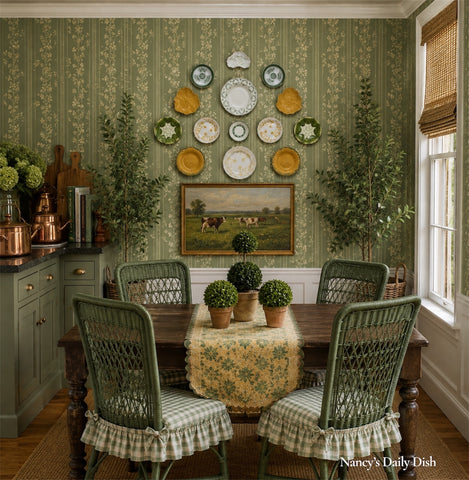 14 Piece Majolica Green & Yellow Transferware Instant Platewall Vintage English Plates