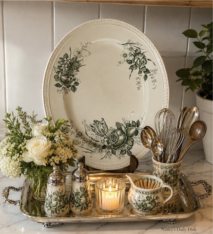 Vintage Green English Transferware Platter Shabby Roses  Tulips Ranunculus Peony