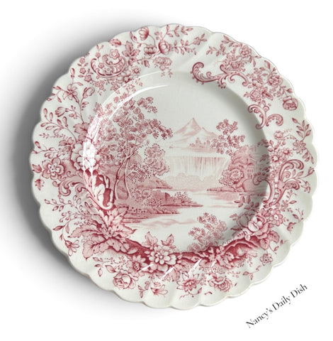 Peaceful Summer Clarice Cliff Red English Transferware Bread Plate Cascading Waterfall