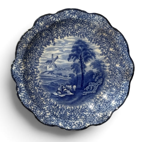 Vintage Scalloped Plate Blue English Transferware Pastoral Horse & Windmill Chintz Border