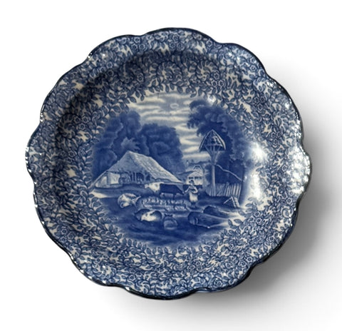 Vintage Blue English Transferware Scalloped Plate Girl Feeding Farm Animals Pigs Chickens Cows Chintz Border
