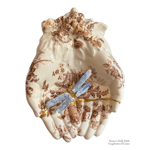 Fragments of Grace No. 21 A Graceful Offering ~ Charlotte Open Hands Transferware Dish w/ Kyanite Dragonfly