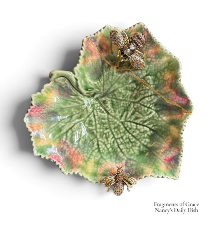 Fragments of Grace No.22  Grace in the Mending ~ Majolica Leaf Plate w/ Bees