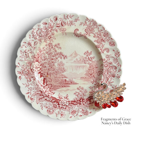 Fragments of Grace No. 32~The Swan at Rosewater ~ Cascading Waterfall Red Transferware Plate