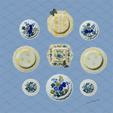 9 Piece Blue & Yellow Transferware Instant Platewall