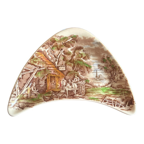 Midwinter Rural England Polychrome Brown Transferware Crescent Bone Dish Horses English Inn