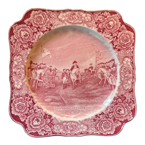 Surrender of Cornwallis Pink / Red Transferware Square Shape Plate Colonial Times Historical