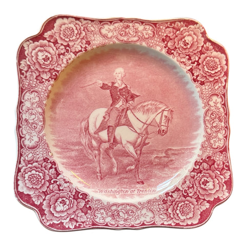 Washington at Trenton Pink / Red Transferware Square Shape Plate Colonial Times Historical