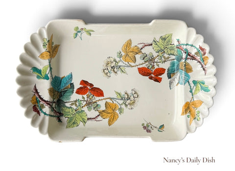 Antique Aesthetic Mvmt Flowering Blackberry Copeland Spode Polychrome Botanical Fluted Tray