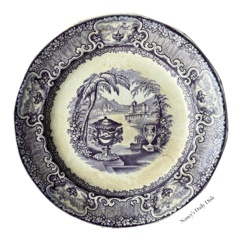 Antique Staffordshire “Washington Vase” Pearl Stone Ware Purple Transferware Plate — Podmore, Walker & Co., Tunstall England circa 1849–56
