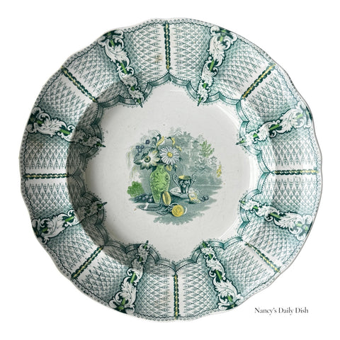 Antique c.1830s Elijah Jones “The Cabinet” Polychrome Teal Green Transferware Soup Plate