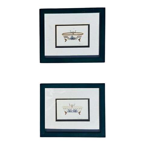 Pair of Blue & White French Toile Double Matted Framed Toile Claw Foot Bath Tub Prints