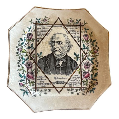 Antique 1886 Victorian William Ewart Gladstone Commemorative Plate – Wallis Gimson & Co., Floral Octagonal Transferware