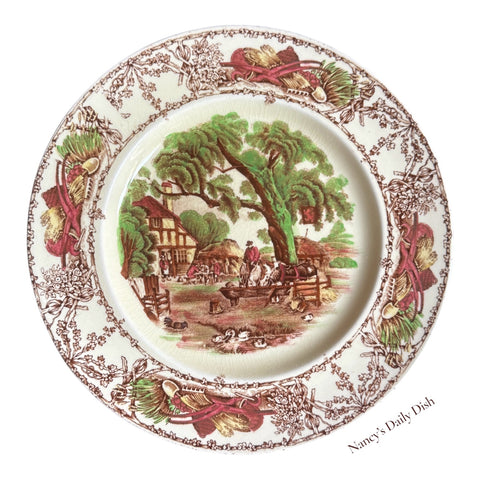 RARE Horse Farm Scene Cottage Brown Polychrome Transferware Plate Pastoral Davenport AJ Wilkinson