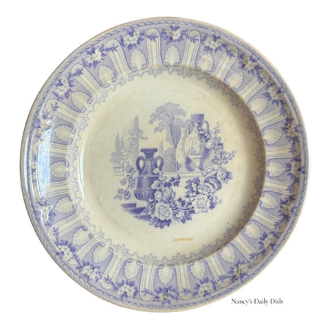 C 1856 Davenport Lavender Staffordshire Transferware Plate — Classical Still Life with Urns, Flowers & Ornate Shell Border
