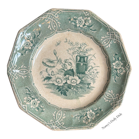 Antique Early Staffordshire Circa 1856 - 1866 Green Teal Transferware Plate Urn Flowers Dragonfly Livesay Powell Indian