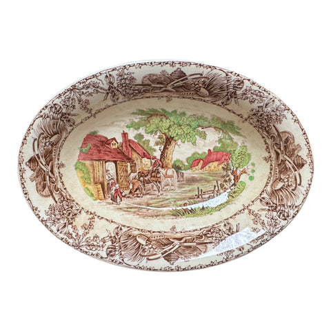 Polychrome Brown Transferware Oval Serving Bowl Children Horses Pastoral Davenport Rural Scenes