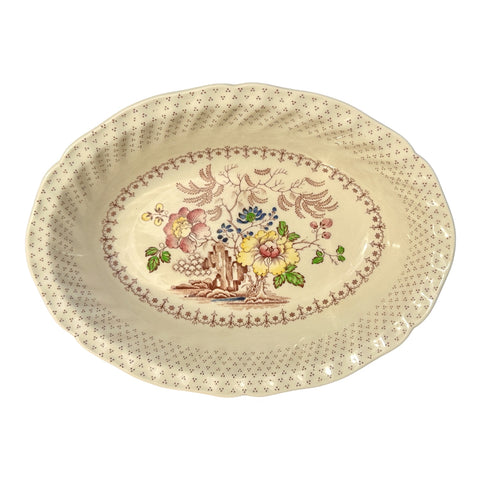 Vintage English Brown Transferware Oval Vegetable Serving Bowl Royal Doulton Grantham Flowers
