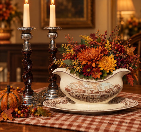 Historic America Gravy Boat & Underplate Poly Brown English Transferware Acorns Oak Leaves