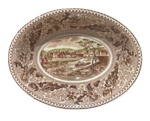 Historic America Erie Canal Oval Serving Bowl Poly Brown English Transferware Acorns Oak Leaves