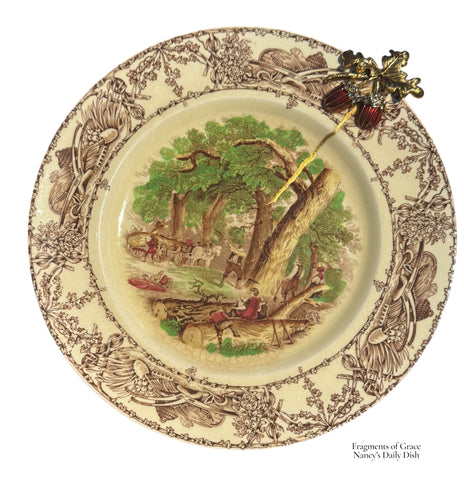 Fragments of Grace No 36  ~ Beneath the Might Oak ~  Brown Transferware Rural Scenes Forest Animals Plate