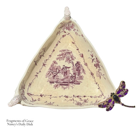 Fragments of Grace No. 38 ~Grace Takes Flight~ Purple Transferware Triangular Serving Bowl w/ Dragonfly