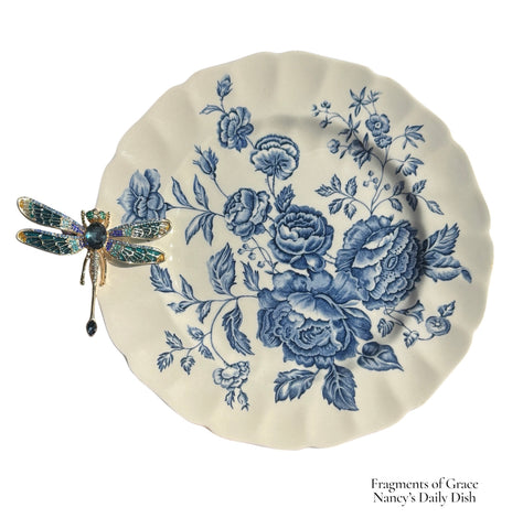 Fragments of Grace No. 39 ~Wings Among the Roses~ Blue Transferware Plate Cabbage Roses w Embellished Dragonfly