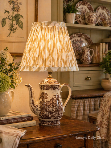 Tan and White Ikat Print Pleated Lamp Shade
