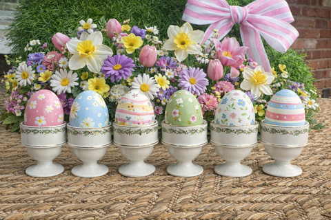 Set of 6 Green Vine and Berry Antique Footed Egg Cups