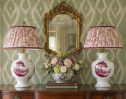 PAIR Antique Transferware Lamps River Trees & Mountains Wired & Work - Purple Pinkish