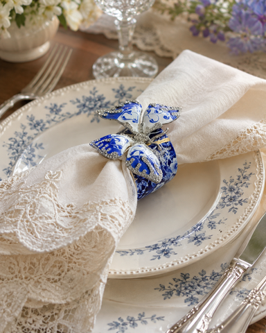 Fragments of Grace No. 31 "Butterfly Landing" Blue Trasferware Calico Napkin Ring One of A Kind