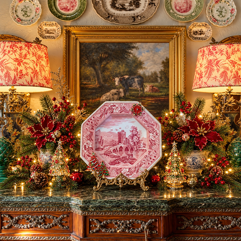 Fragments of Grace No. 42 ~ Christmas Across the Bridge ~ Spode Red Transferware Lucano Embellished Plate