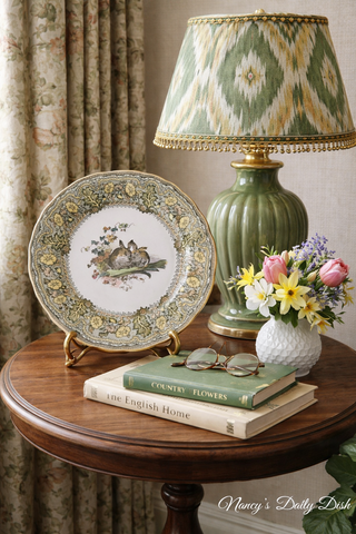 Antique Royal Doulton Pair of Bunny Rabbits with Leeks & Ivy Leaves Plate Hand Painted Green & Brown Two Color Transferware