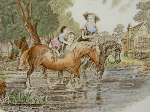 Vintage Spode Green & Brown Transferware Platter Children Horse Dog Crossing Stream