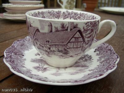 Vintage Staffordshire Purple Transferware Tea Cup & Saucer Romantic England Meakin